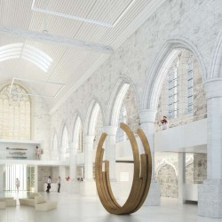Vue_intérieure_Eglise_réhabilitée_hall_accueil_Musée_de_Morlaix_Sculpture_Bernar-Venet_©menomenopiu_ATELIER-NOVEMBRE_sculpture_Bernar-Venet