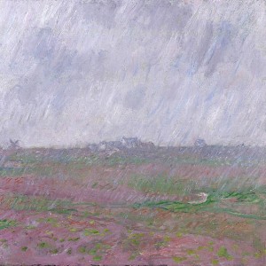 Sur un format carré, Claude Monet a peint ce tableau qu'il qualifia de pochade en 1886. Un jour de pluie l'artiste a peint ce qu'il voyait de sa fenêtre. Un paysage coupé en sa moité par l'horizon. Au premier plan un champ couvert d'une lande qui donne des couleurs roses, vertes et rouges au premier plan. Le ciel aux tons violets rempli d'eau est traité par de grands coups de pinceaux visibles. Ce traitement pictural se retrouve aussi dans le champs. Sur l'horizon quelques maisons et un moulin à l’extrême gauche apparaissent à travers cet effet de pluie.