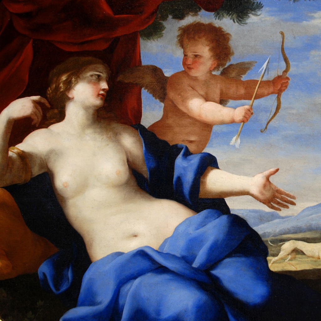 Ce format carré est un détail de l’œuvre du Musée de Morlaix peinte par Giovanelli Francesco Romanelli au 16ème siècle, Vénus et Adonis. La déesse est assise sous un arbre et un ensemble de tissus rouges. Seules ses jambes sont couvertes par un drapé bleu. Vénus semble indiquer une direction à l'ange Éros qui est juste à côté d'elle ? Il la regarde et porte haut son arc et sa flèche.